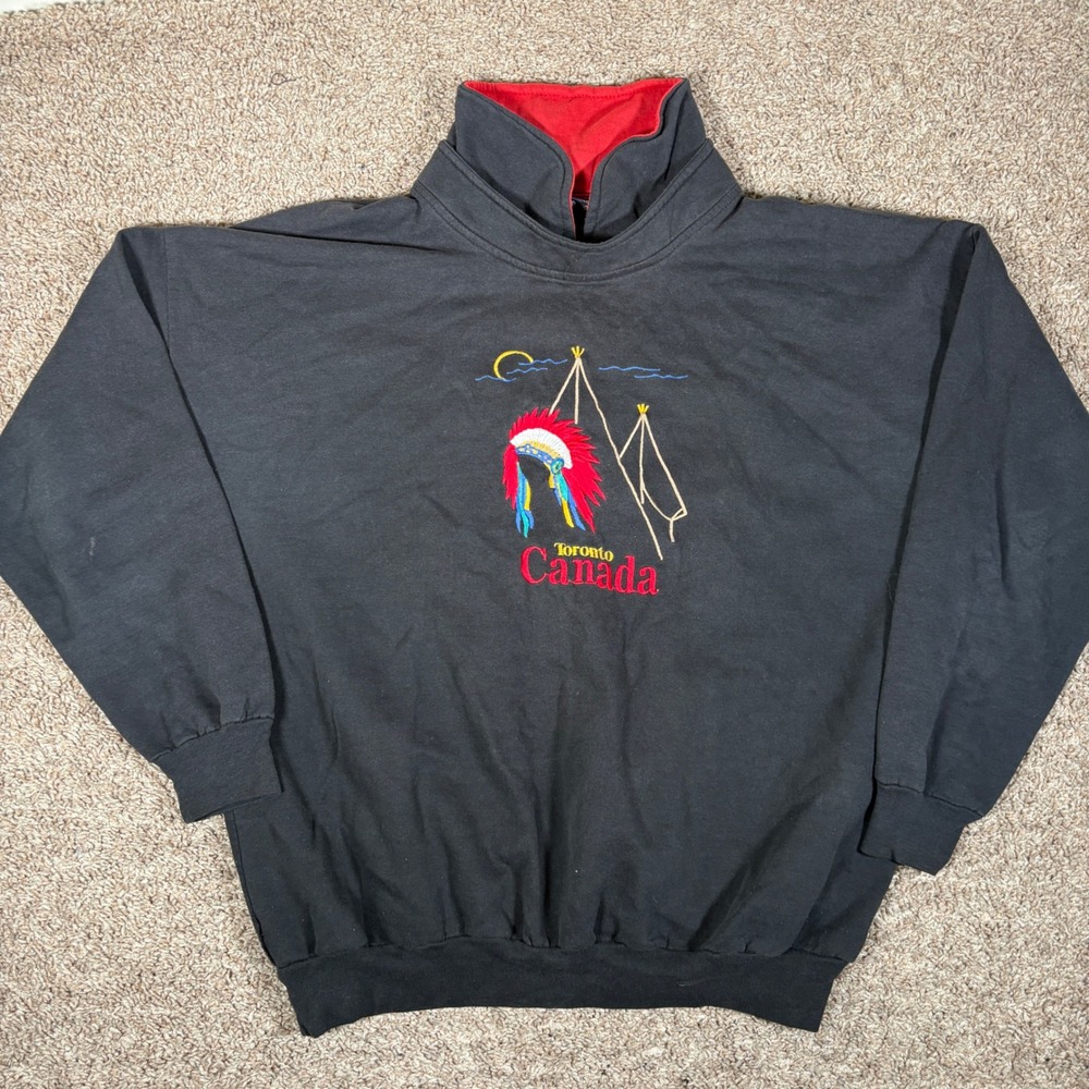 Cityscape Toronto Canada Mock Neck Sweatshirt Mens XL Black Red Souvenir Vintage